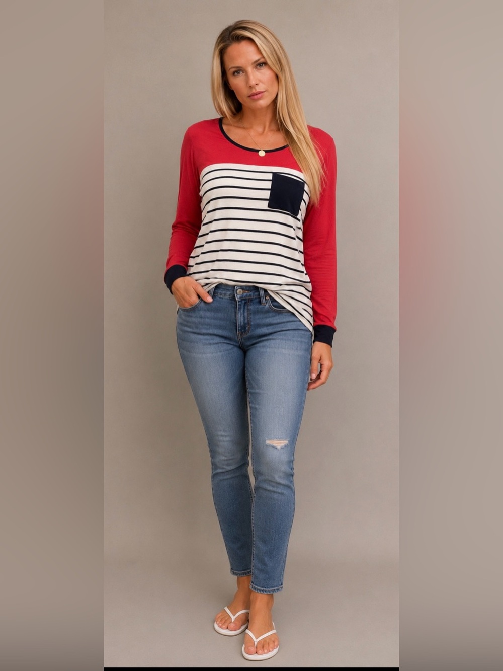 Zenana Outfitters Red Top with Navy and White strips